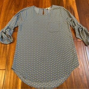 Lily White Tuni Top Womens S Blue Pattern Sheer Roll Tab Sleeves Blouse